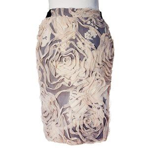 NWT: Harvey Faircloth Mesh 3-D Floral Rose Skirt Black/Ivory Floral Silk Lining